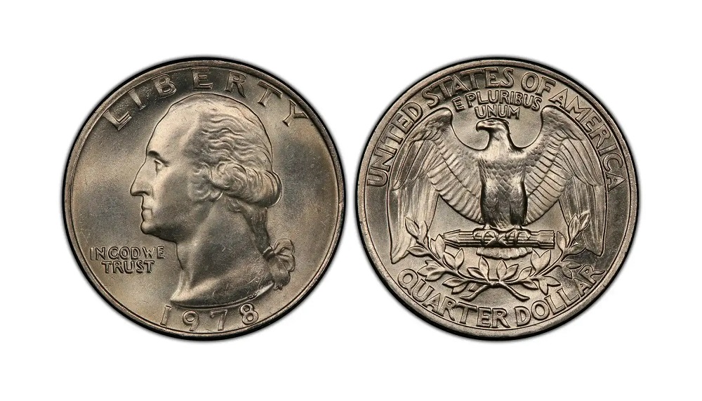 Side-by-side comparison of normal 1978 quarter versus 1978 quarter struck on smaller dime planchet showing dramatic size difference
