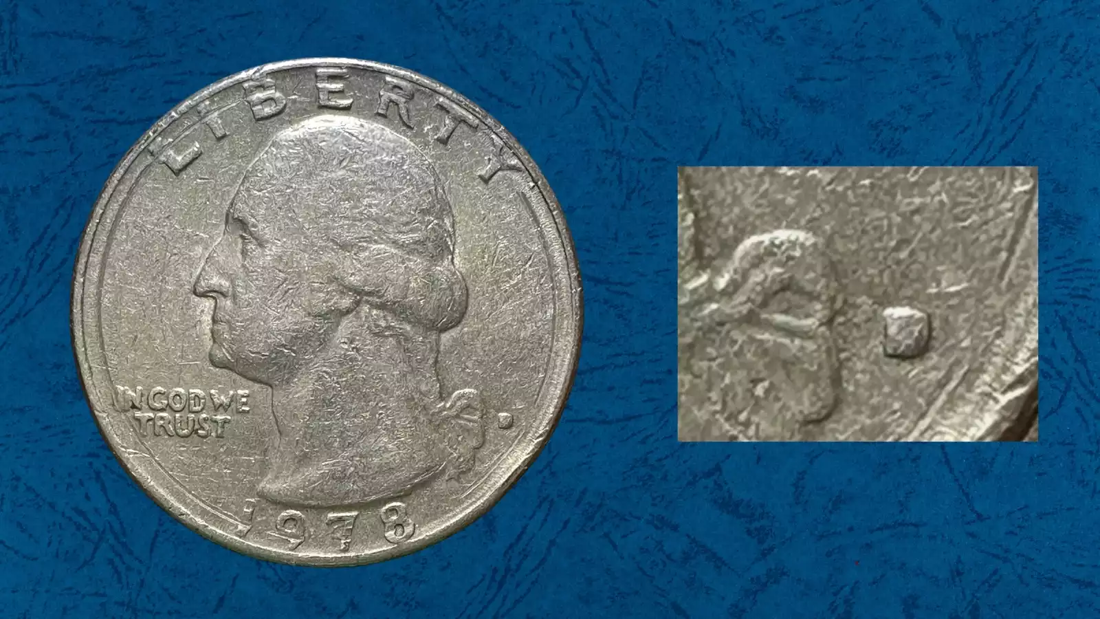 1978 quarter broadstrike error with spread design and smooth edge alongside 1978-D filled mint mark error