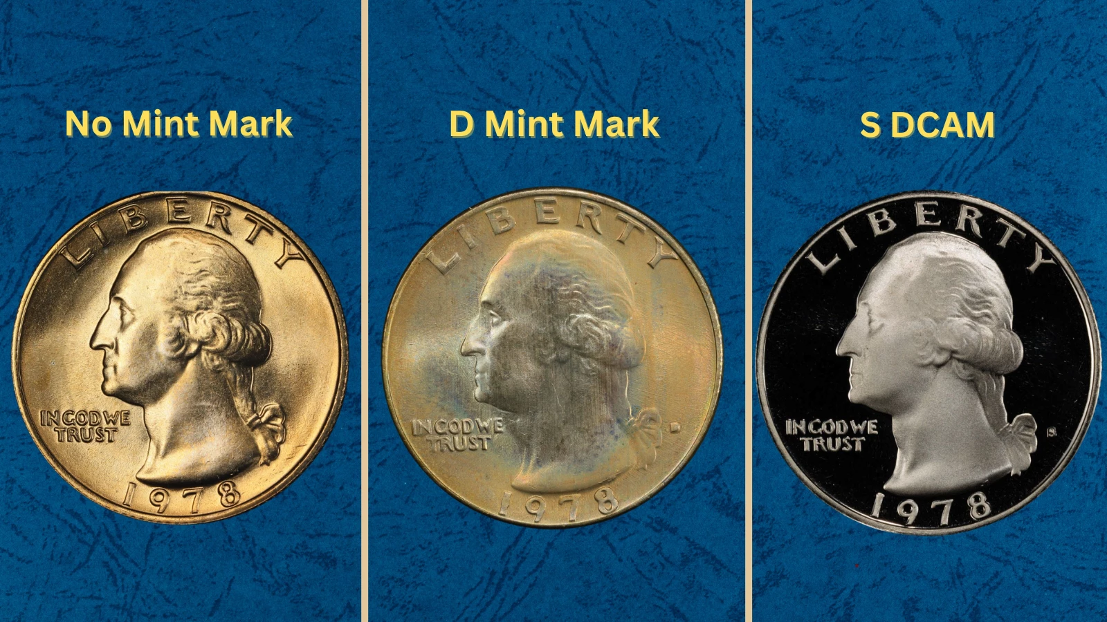 Group of 1978 Washington Quarters from Philadelphia, Denver, and San Francisco mints showing relative mintage quantities