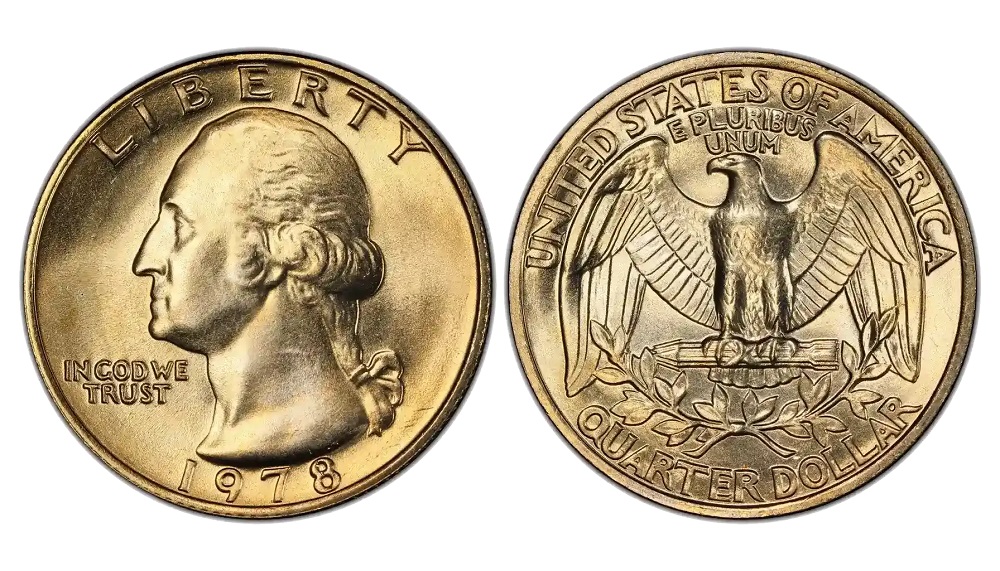 1978 Washington Quarter grading strip showing four condition examples from worn through gem uncirculated with grade labels